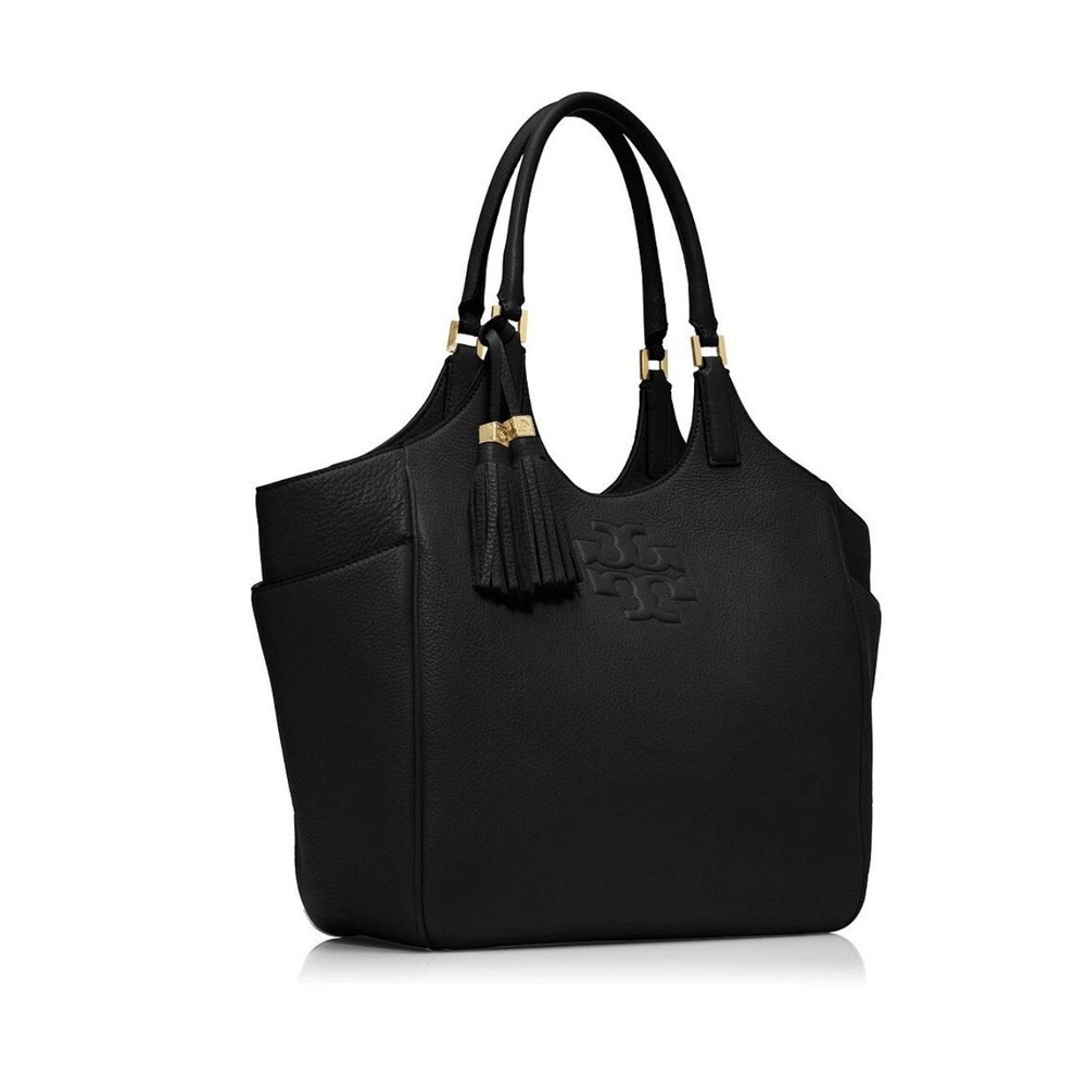 Tory Burchβ Thea Black Pebbled Leather Round Large Tassel Tote Shoulder Bag 498$